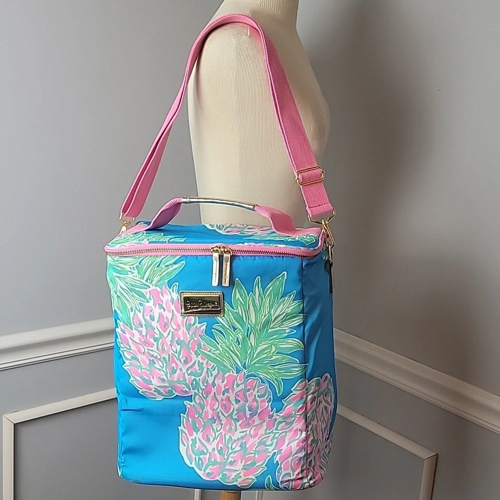 LILLY PULITZER Pink Blue‎ Tropical Pineapple Print Wine Beach Picnic Cooler Bag